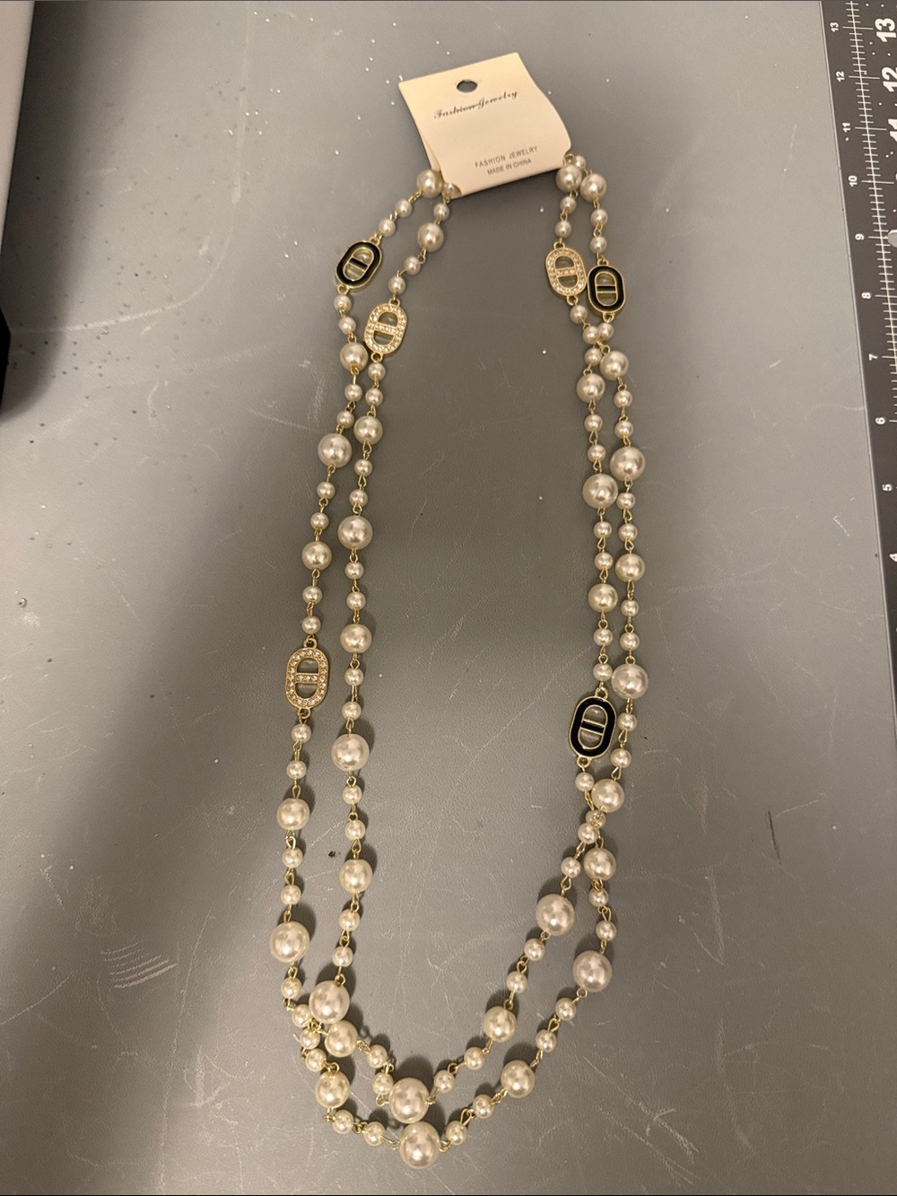 Fashion Jewelry Faux Pearl Double Strand Necklace with Gold Accents